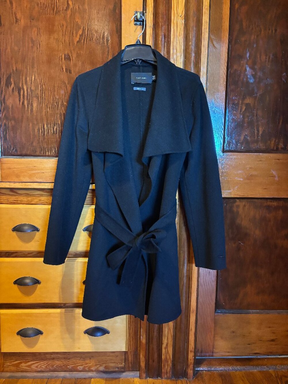 TAHARI Wool Blend Black Belted Wrap Coat Size XL